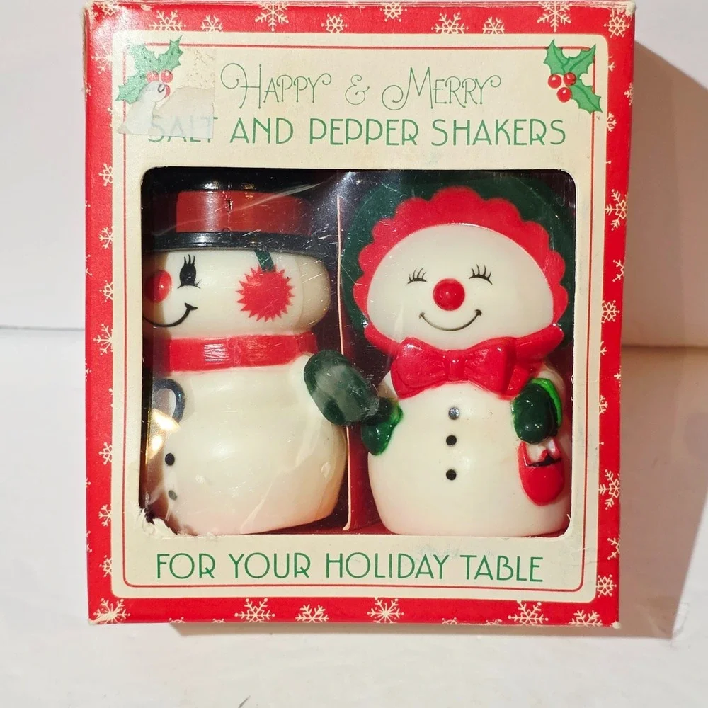 Vtg Hallmark Christmas Salt & Pepper Shakers Happy & Merry Mr. & Mrs. Snowman
